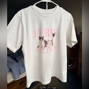 Uniqlo White Tee with Pink "Furry Felins" Kitten Graphic